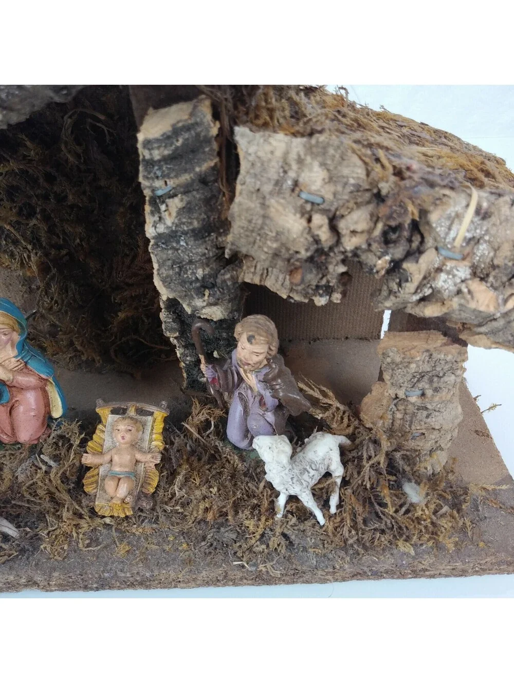 Vintage Nativity Creche Holy Family Scene Wood Wooden with Plastic Figures Italy